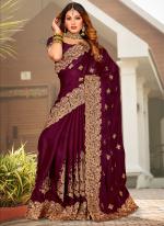 Pure Sattin Wine Wedding Wear Embroidery Work Saree